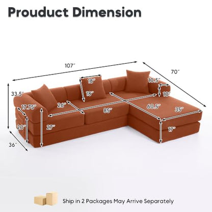 L Shaped Modular Sofa Bed with Cylindrical Pillow & Reversible Chaise, Corduroy Folding Floor Convertible Sofa Couch Bed with Fixed-Shape Frame & Storage Pocket for Living Room, Orange