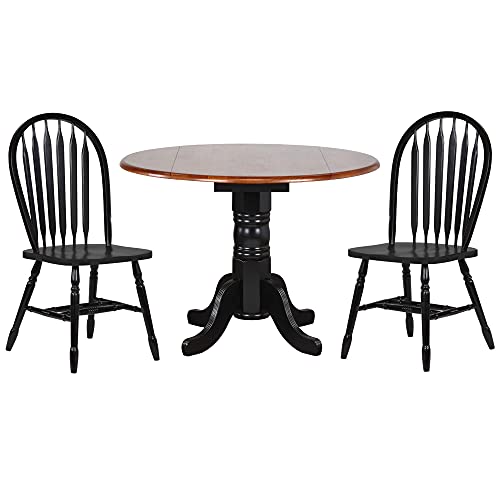 3 Piece Round Drop Leaf Dining Set with Antique Black Arrowback Chairs