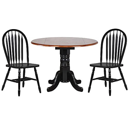 3 Piece Round Drop Leaf Dining Set with Antique Black Arrowback Chairs