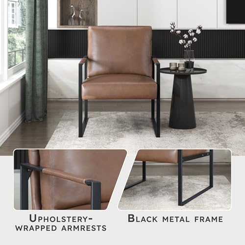 Modern Accent Chair, Faux Leather Upholstered Living Room Chair with Wrapped Armrests, Arm Chair with Black Metal Frame, Comfy Single Chair for Living Room/Bedroom/Reading Room/Office, Brown