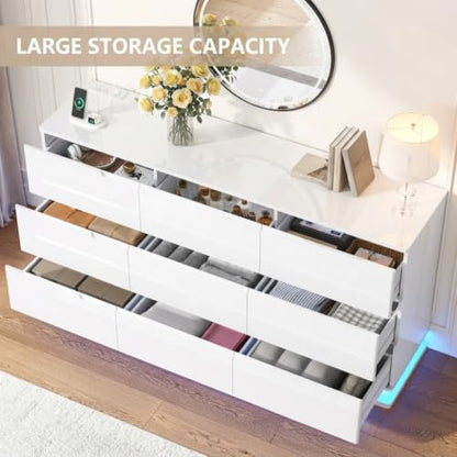High-Gloss 9 Drawers Dresser with Charging Station & LED Lights,White, view 7
