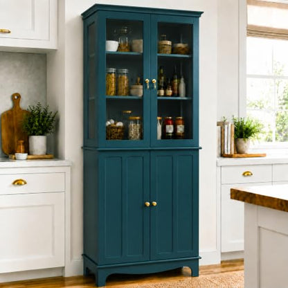 72" China Cabinet, Freestanding Kitchen Pantry with Tempered Glass Doors, view 2