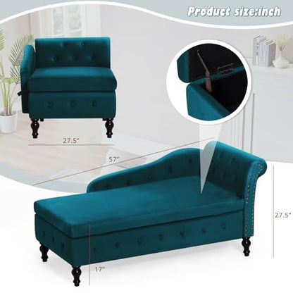 Velvet Chaise Lounge w/Right Armrest & Storage Space, Teal, view 4