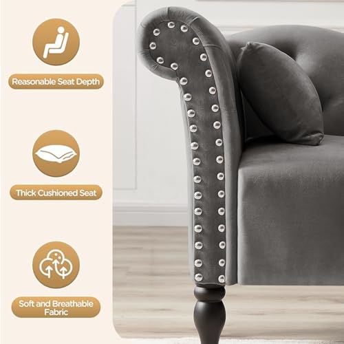Tufted Upholstered Velvet Rolled Arm Chaise Lounges Indoor Chair, Grey, view 8