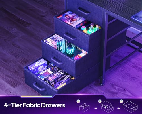 L Shaped Gaming Desk with 4 Drawers, 59" Reversible Computer Desk with Hutch and Shelves, Gamer Desk with LED Lights, Power Outlets, Home Office Corner Desk with Gird Pegboard, Black