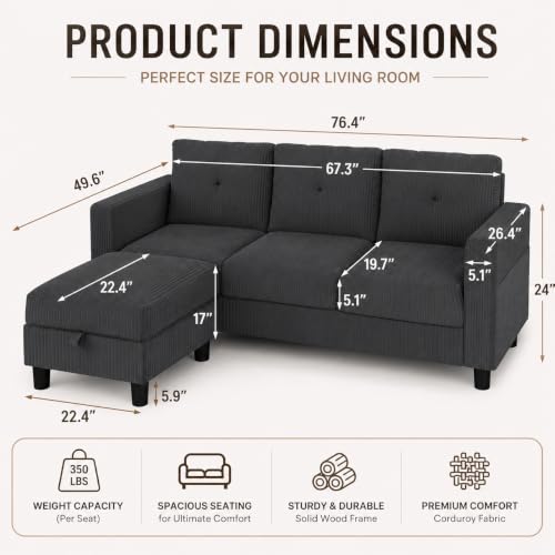 Convertible Sectional Sofa with Storage Ottoman, 77” L-Shaped 3-Seat Couch with Skin-Friendly Corduroy Fabric, Reversible Small Sectional for Small Space, Apartment, Living Room and Office(Dark Grey)