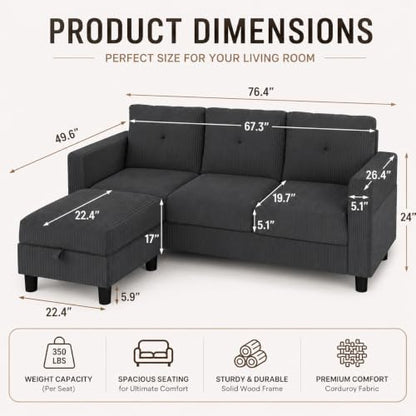 Convertible Sectional Sofa with Storage Ottoman, 77” L-Shaped 3-Seat Couch with Skin-Friendly Corduroy Fabric, Reversible Small Sectional for Small Space, Apartment, Living Room and Office(Dark Grey)