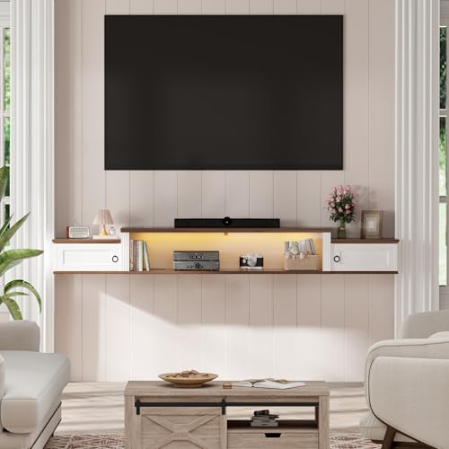 Farmhouse Floating TV Stand for 80" TVs, with LED Light & Outlet, view 8