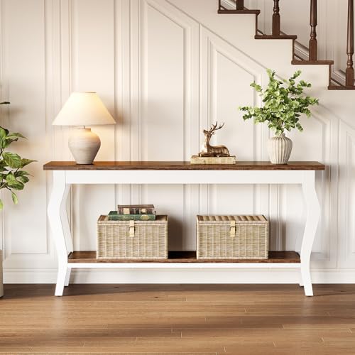 70.9 Inches Long Console Table, 2-Tier Vintage Wooden Sofa Table Behind The Couch with Metal Legs for Hallway, Entryway, Living Room, Brown & White