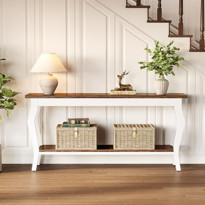 70.9 Inches Long Console Table, 2-Tier Vintage Wooden Sofa Table Behind The Couch with Metal Legs for Hallway, Entryway, Living Room, Brown & White
