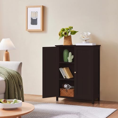 Yaheetech Bathroom Floor Cabinet, Modern Storage Freestanding Organizer Cabinet with Adjustable Shelves & Double Doors, 3-Tier Home Living Room Furniture, Espresso