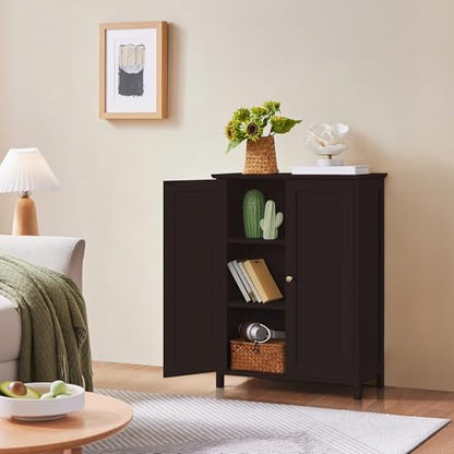 Yaheetech Bathroom Floor Cabinet, Modern Storage Freestanding Organizer Cabinet with Adjustable Shelves & Double Doors, 3-Tier Home Living Room Furniture, Espresso