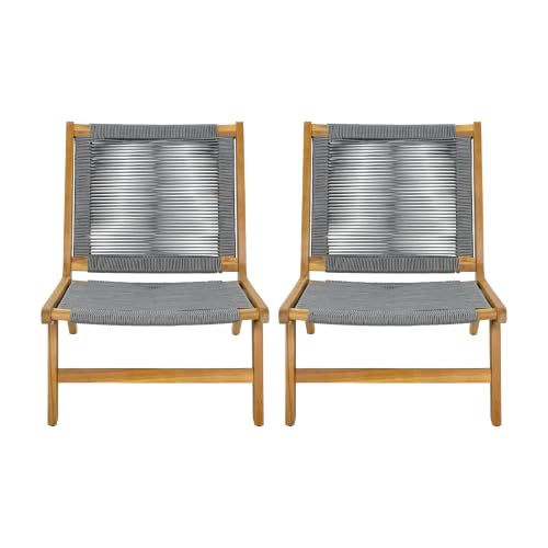 Calma Acacia Wood Patio Accent Chairs Set of 2, Outdoor Bistro Chair Set with Woven Rope Seat, Lounge Chair Outdoor for Patio Furniture Set, Teak+Grey