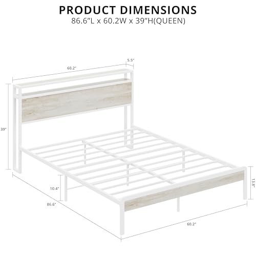Queen Bed Frame with 2-Tier Storage Shelf Headboard, view 3