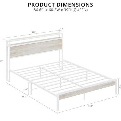 Queen Bed Frame with 2-Tier Storage Shelf Headboard, view 3