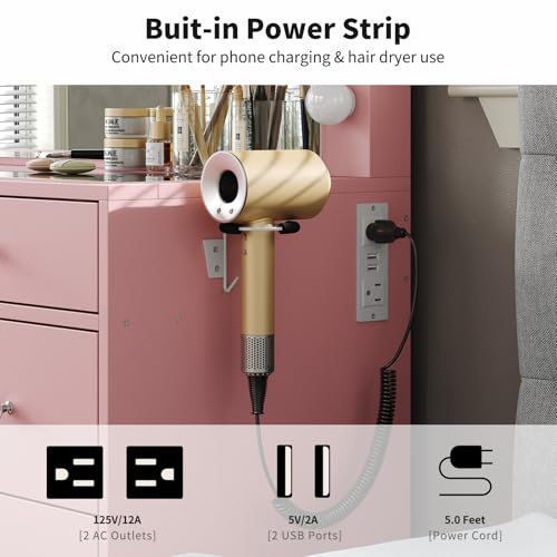 Vanity Desk with Power Outlet, Makeup Vanity with Lighted Mirror, 3 Lighting Modes Adjustable, 9 Drawers Vanity Table with Chair with Fold-up Panel, Glass Top, Dressing Table for Bedroom, Pink