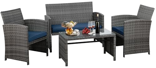 4 Piece Outdoor Patio Furniture Set, Outdoor Wicker Rattan Chairs Conversation Sets with Cushions & Coffee Table for Outside, Garden, Balcony, Porch, Dark Blue