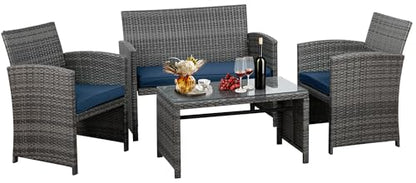 4 Piece Outdoor Patio Furniture Set, Outdoor Wicker Rattan Chairs Conversation Sets with Cushions & Coffee Table for Outside, Garden, Balcony, Porch, Dark Blue