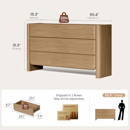 6 Drawer Dresser for Bedroom, Thick Rounded Side Panels & Handleless Design, view 3