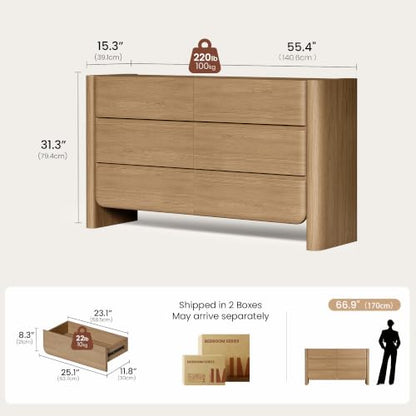 6 Drawer Dresser for Bedroom, Thick Rounded Side Panels & Handleless Design, view 3