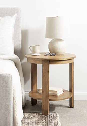 Foxford Tiered Round Side Table; 22 x 22 x 24; Natural Brown; Transitional Two-Tier Circle Nightstand Table with Storage and Resilient Wood Construction for Bedroom Decor
