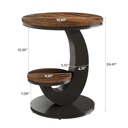 Tribesigns Round End Table, 2 Tiers Side Table with Storage Shelf, Sofa Side Bedside Nightstand with Wood Metal Arc-Shaped Frame for Small Spaces, Living Room, Bedroom, Easy to Assemble, Brown (1PCS)