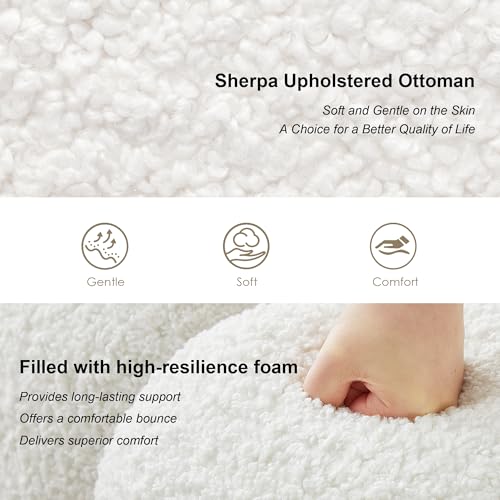 21" W Pouf Ottoman Foot Rest, Large Square Foot Stool for Couch, Upholstered Boho Ottoman with Teddy Fabric for Vanity Room Entryway Bedroom White