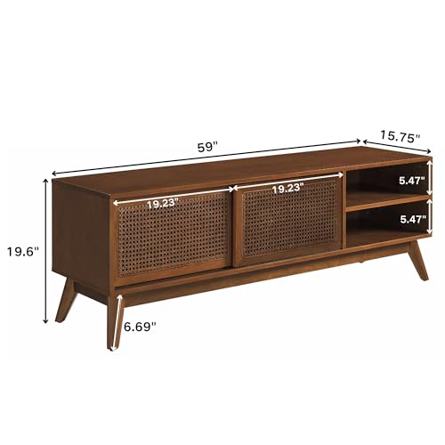 Mid Century Modern Rattan TV Stand for 65 Inch TV,59" Boho Media Console with Sliding Doors & Open Shelves,Solid Wood Legs for Living Room,Light Walnut
