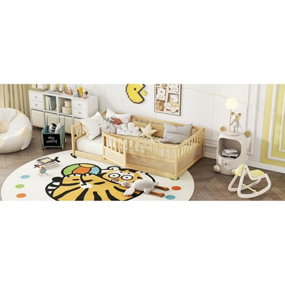 Montessori Wooden Floor Bed Frame, Integrated Kids Sleeping Bed with Safety Barrier and Access Door, Sturdy Pine Bedroom Furniture for Children Daily Rest (Natural,78 * 41'' +Support Plate)