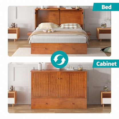 Cabinet Murphy Bed, Queen Size Murphy Chest Bed w USB Charging Station, Wall Cabinet Cube Beds with Storage Drawer, Modern Wooden Beds for Apartment Bedroom - No Mattress, Cherry