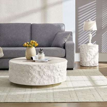 Fiberglass Round Coffee Table Set of Two, Living Room Vintage Design Faux Stone Coffee Table, Side Table Coffee Table Set for Office, Apartment, Living Room (15.75'‘+35.43’')