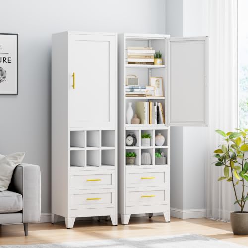 Freestanding white pantry cabinet with golden handles, modern display features, view 3