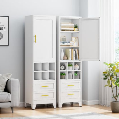 Freestanding white pantry cabinet with golden handles, modern display features, view 3