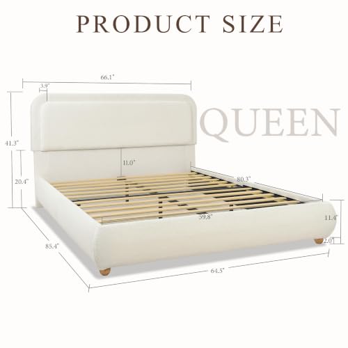 Cloud Queen Bed Frame with Headboard, Solid Wood Legs, Beige, view 3