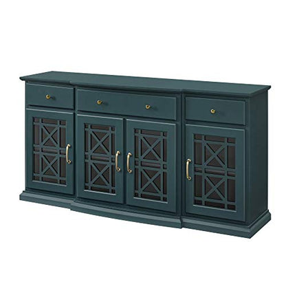 Modern Wood Glass Door Buffet Sideboard Living Room Entryway Serving Storage Cabinet Doors Dining Room Console, 60 Inch, Dark Teal