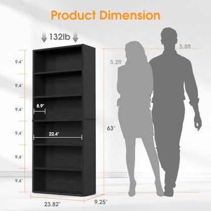 6-Tier Bookcase, 63 Inch Tall Open Bookshelf, Modern Black, view 4