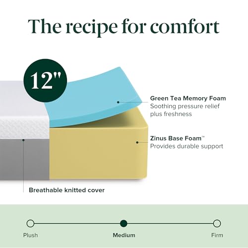 Zinus 12 Inch Green Tea Essential Memory Foam Mattress [New Version], Queen, Fiberglass Free, Medium Feel, Breathable Airflow Memory Foam, Certified Safe Foams & Fabric, Mattress in A Box