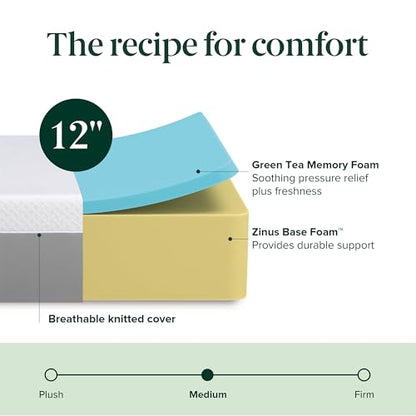 Zinus 12 Inch Green Tea Essential Memory Foam Mattress [New Version], Queen, Fiberglass Free, Medium Feel, Breathable Airflow Memory Foam, Certified Safe Foams & Fabric, Mattress in A Box