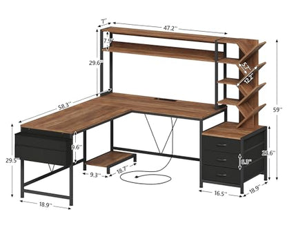 63" L Shaped Desk with Bookshelf, Drawers and Hutch for Home Office, view 3