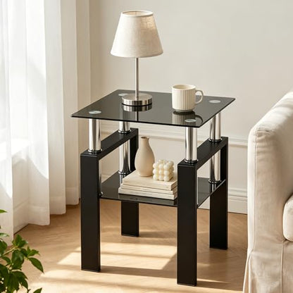 Tempered Glass End Table, Black Modern Square Side Table with Metal Frame, 2-Tier Glass Sofa Table for Home, Bedroom, Apartment & Small Spaces