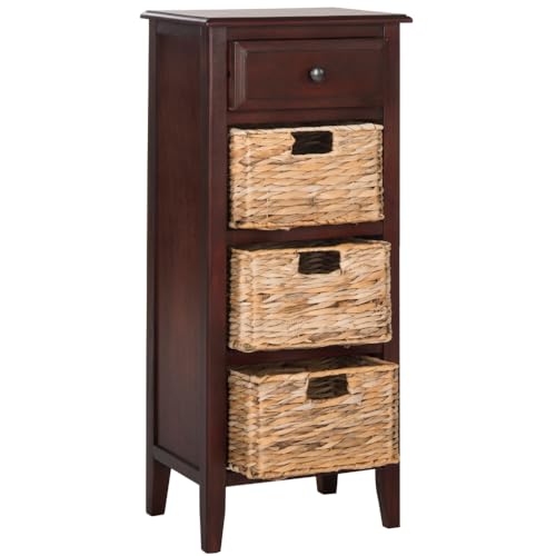 SAFAVIEH Furniture - Michaela 1-Drawer Storage Unit - Cherry - Solid Wood - Farmhouse Basket Tower Design - Ideal for Living Room, Entryway, 15"W x 12"D x 36"H - Fully Assembled (AMH5744C)