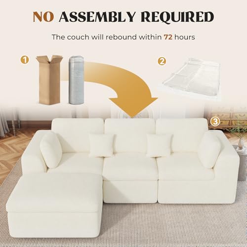 115" Cloud Boneless Sectional Couch, Deep Seat L Shaped Modular Couch with Ottoman, Oversized Upholstered Convertible 4 Seater Modular Sofa for Living Room,Black Chenille