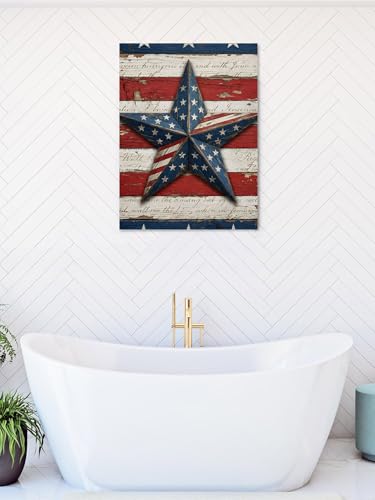 Retro USA Flag Wood Texture Canvas Wall Art Prints,30"x20" Framed Picture Artwork July 4th Red Blue White Star Stripe Printed Canvas Oil Painting for Living Room Bedroom Office,Ready to Hang