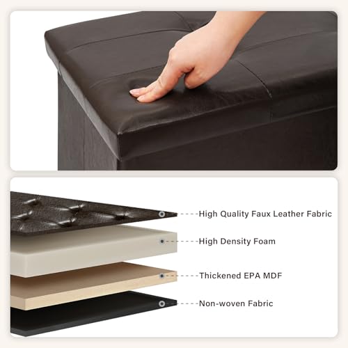 Folding Storage Ottoman Bench, Brown Faux Leather Long Storage Chest Footstool Seat, Bench for Bedroom and Hallway, 43.3"x15.7"x15.7"