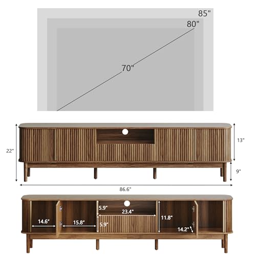 86in Fluted Walnut TV Stand for 85 Inch TV, Mid Century Media Console Table, view 3
