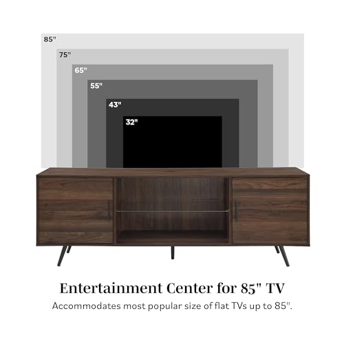 Saxon Mid Century Modern 2 Door Glass Shelf TV Stand for TVs up to 80 Inches, 70 Inch, Dark Walnut