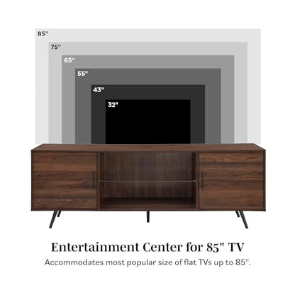 Saxon Mid Century Modern 2 Door Glass Shelf TV Stand for TVs up to 80 Inches, 70 Inch, Dark Walnut