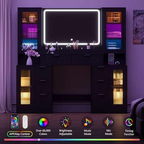 Fluted Makeup Vanity Desk with Mirror and Lights, view 4