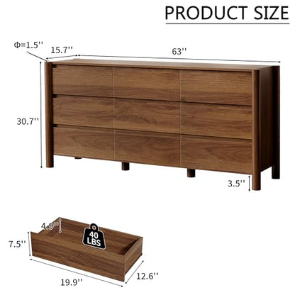 Walnut Dresser for Bedroom,63"Wide 9 Drawer Mid Century Modern Chest, view 3