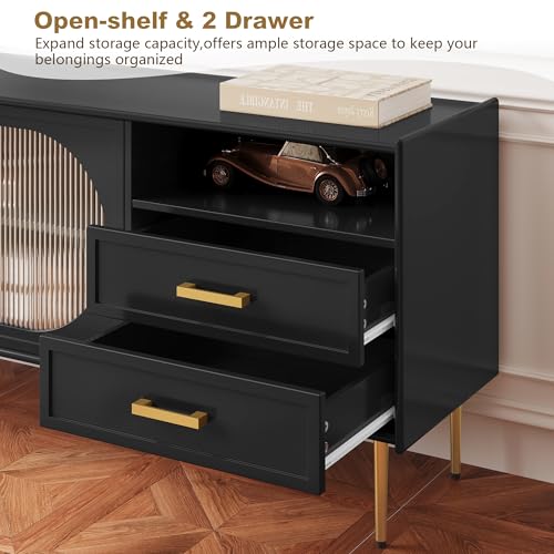 Modern 60” TV Stand for 55/60/65 inches TVs, Glass Door TV Console Table with Drawers, Entertainment Center with Storage, Black Television Stands, Wood Media TV Cabinet, Living Room